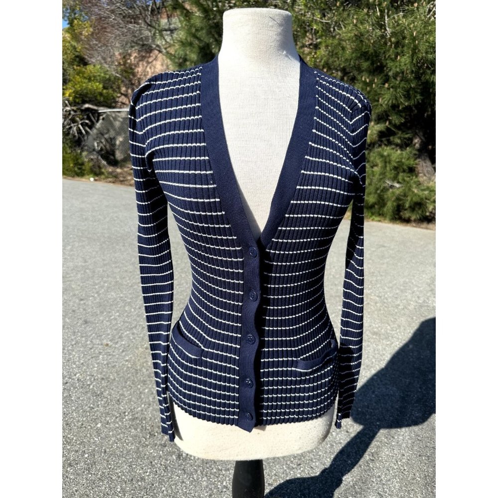 Lauren Ralph Lauren Sweater Blue White Striped Cardigan Nautical Ribbed Womens